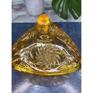 Vintage Hazel-Atlas Amber Glass Triangle Covered Lidded Candy Dish